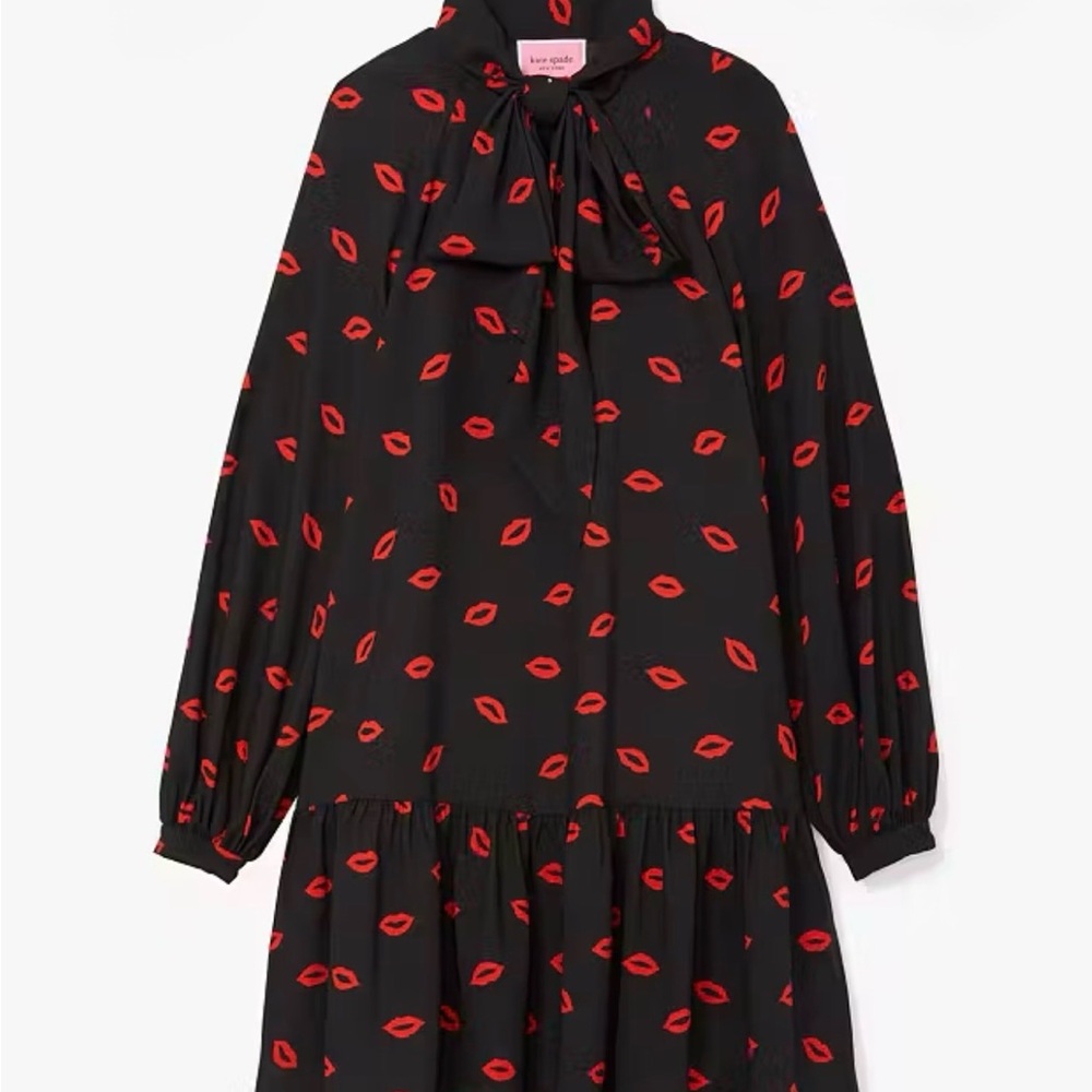 Kate Spade Kisses Tie Neck Ruffle Shift Dress Lips Print Size Small - Picture 5 of 7